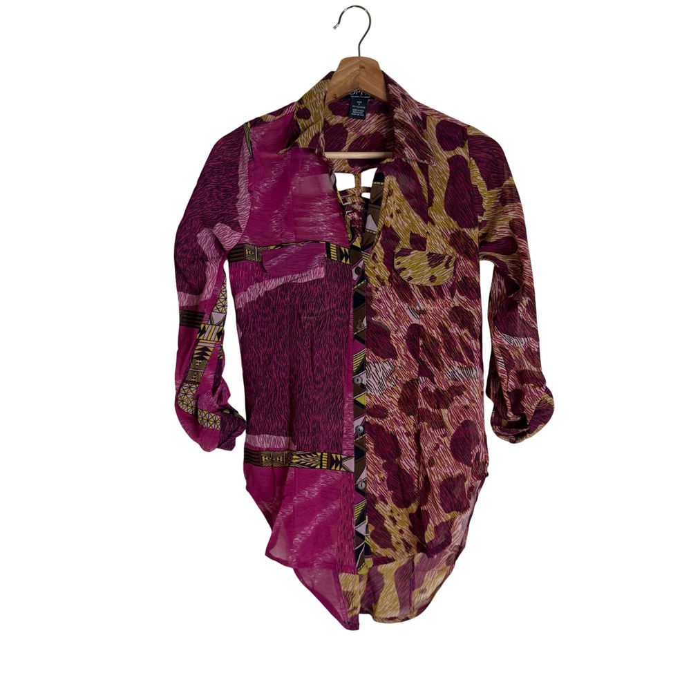 OPPA! Women's Mixed Print Button Down Shirt Cage Back Pink Animal Size S
